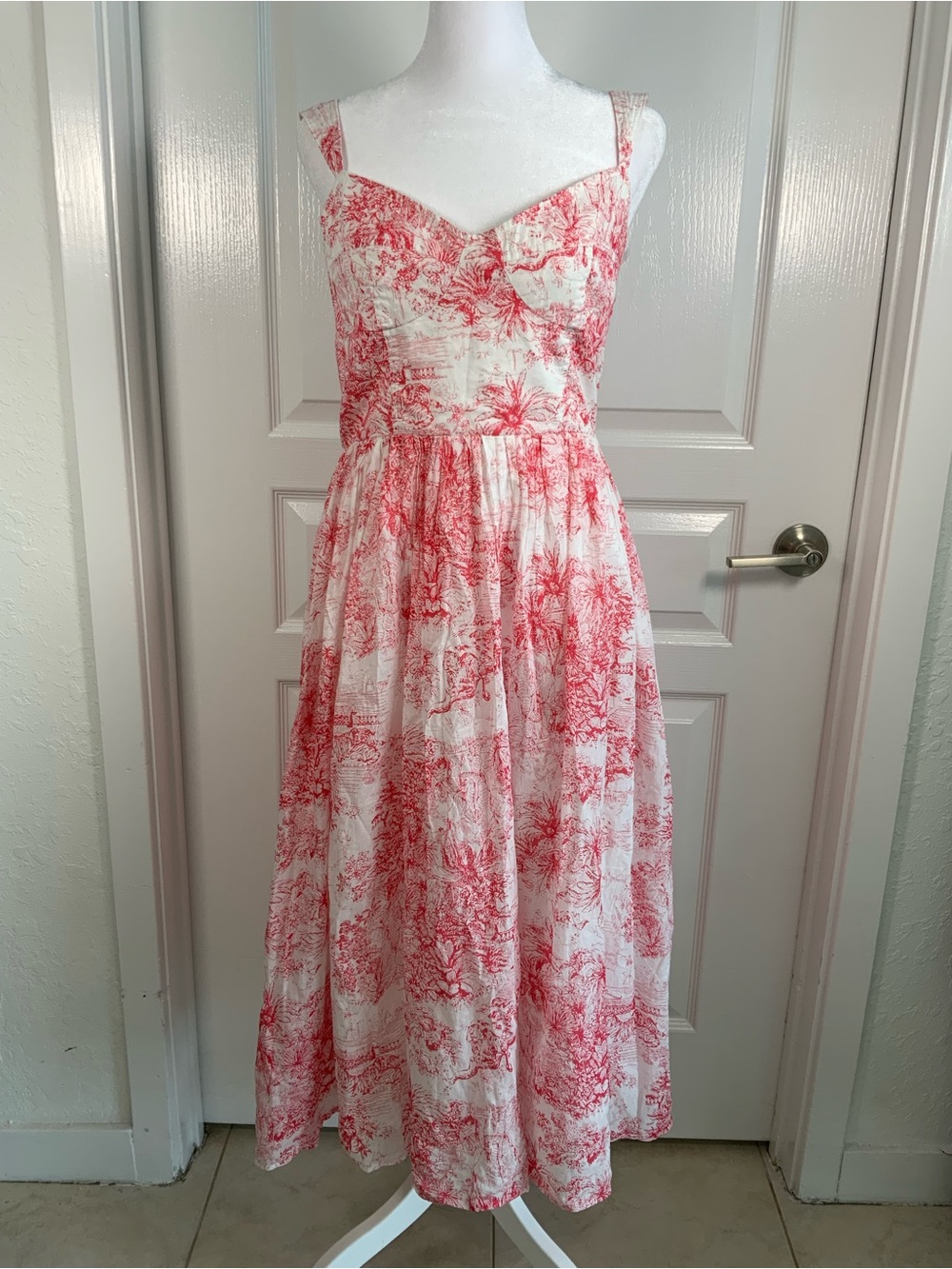 Aqua White and Red Toile Midi Dress size L.